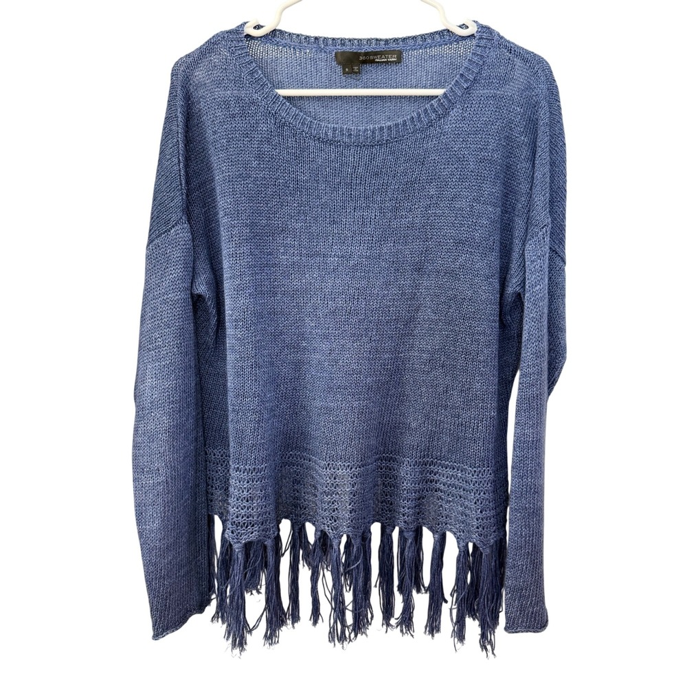 360 Sweater 100% Linen Blue Fringe Hem Italian Yarn Knit Sweater Top Small
